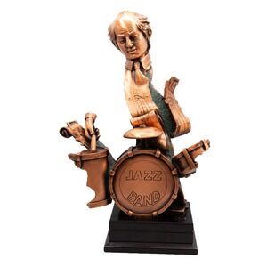 Surrealist Jazz Band Drummer Sculpture Copper Tone Music Decor 13 Inch Statue